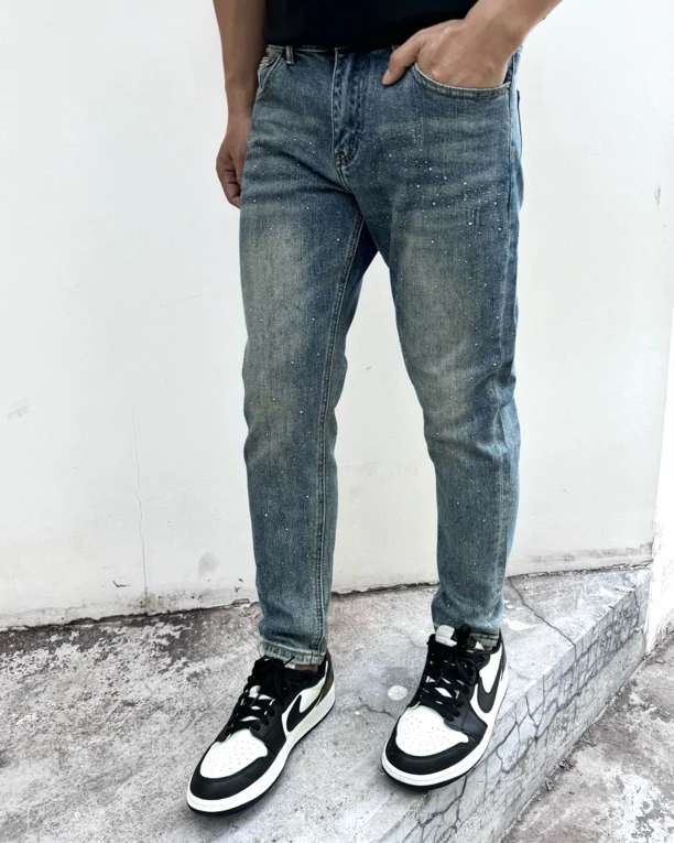 夏季男士九分牛仔裤2025春夏潮流休闲韩版烫钻修身百搭弹力小脚裤