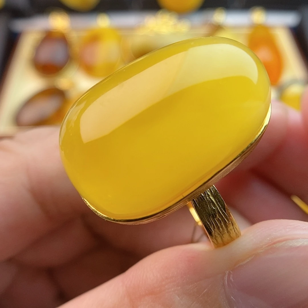 琥珀银S925镀金镶嵌戒指