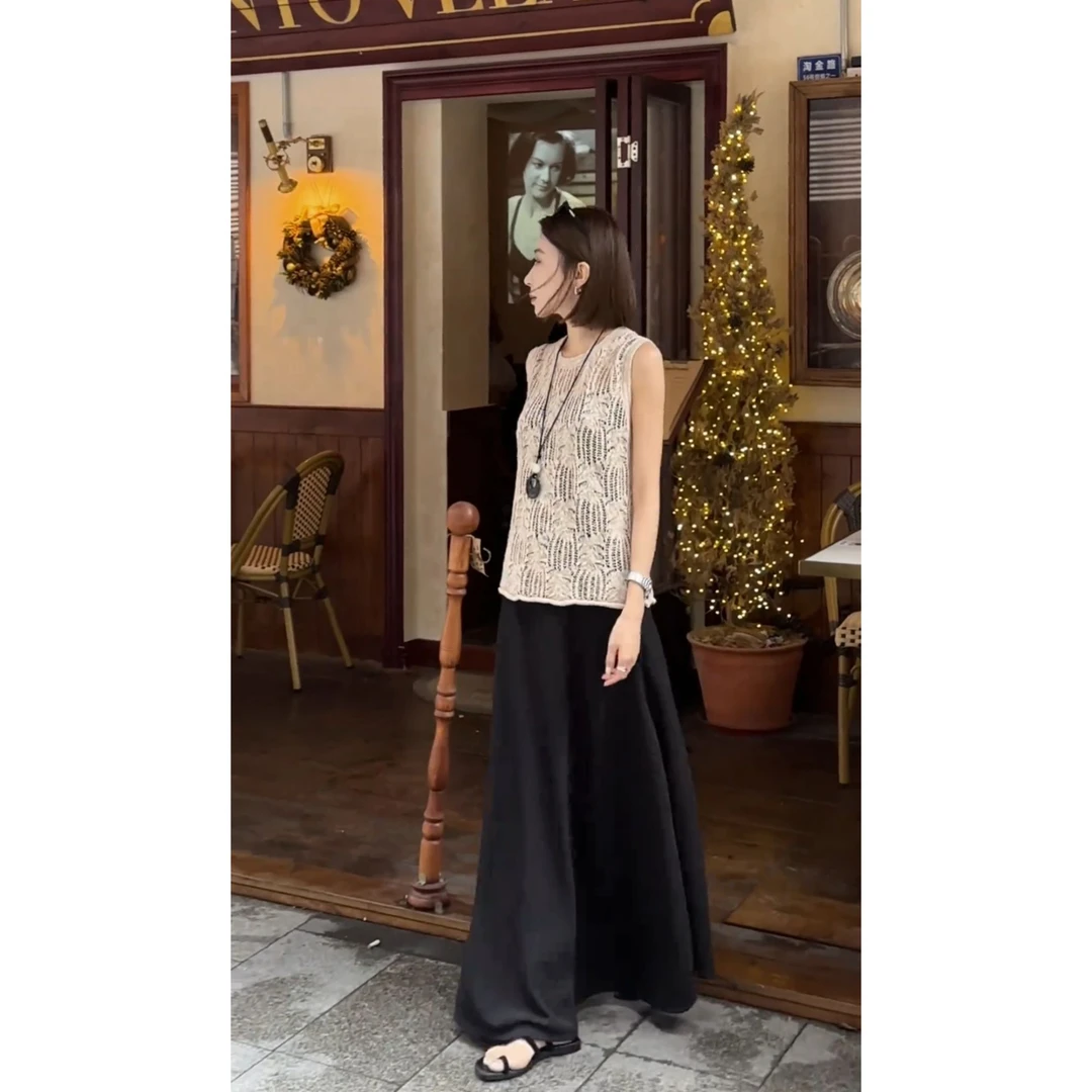 MARIE.COCO波西米亚钩花镂空无袖背心上衣搭配时尚气质半身裙套装