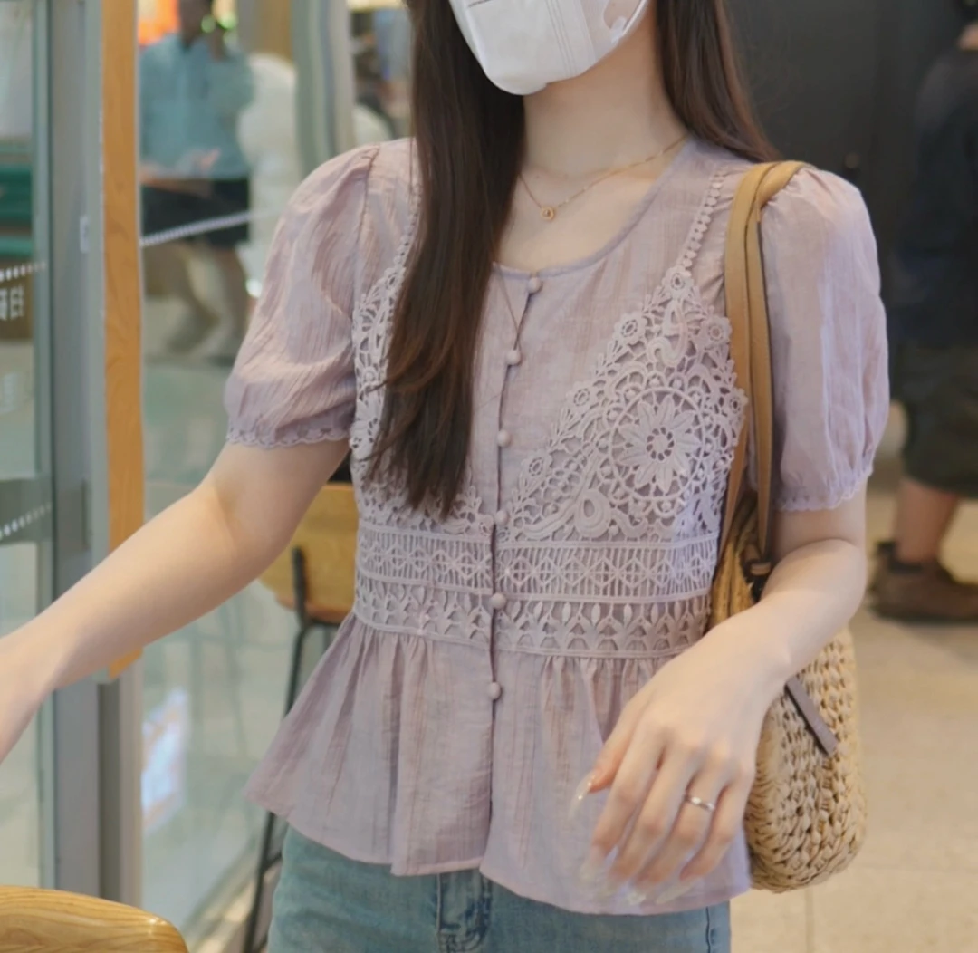 【大脸哈】时尚假两件短袖衬衫女2025夏季甜美设计感小众百搭上衣