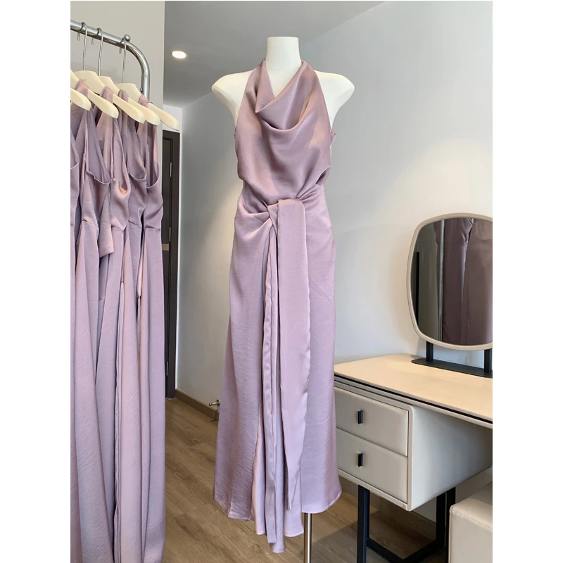 紫气东来紫色荡领收腰连衣裙缎面气质削肩鱼尾裙长款裙