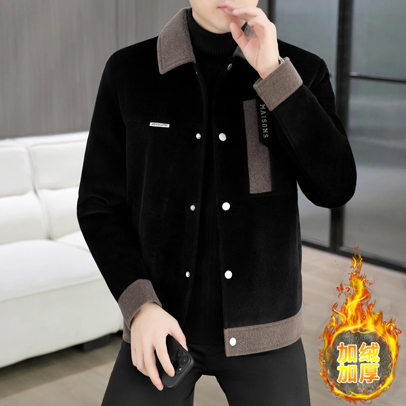 2025新款男士毛呢男装时尚帅气撞色外套上衣男加绒加厚夹克外套男