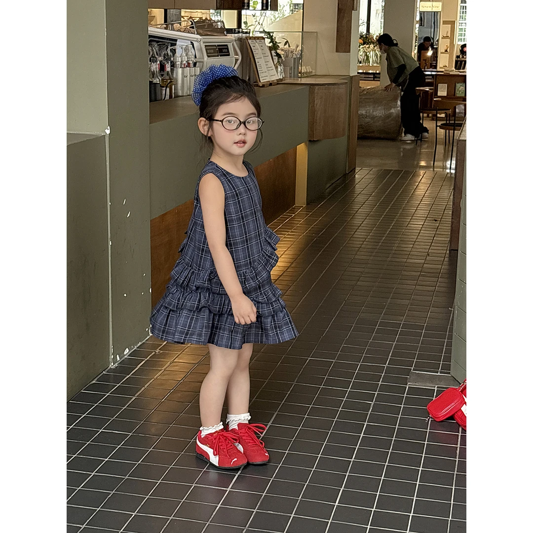Harper kids 韩版不规则荷叶边格子宽松无袖连衣裙 H25070601