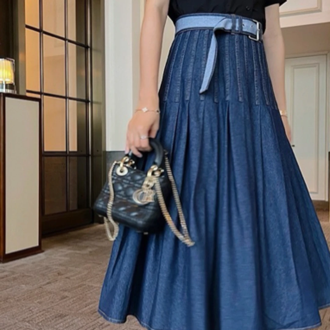 未使用 DIOR/迪奥 Dior 蓝色腰带标语logo牛仔半身裙/38码/35154