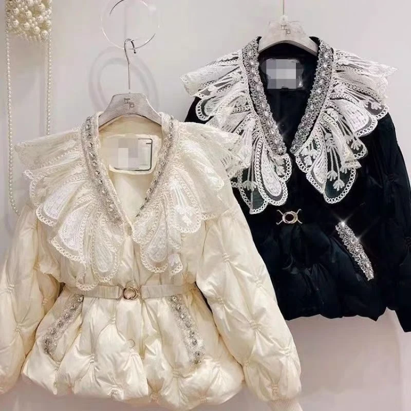 名媛气质镶钻拼接网纱荷叶边羽绒棉服外套厚实保暖配腰带外套女冬