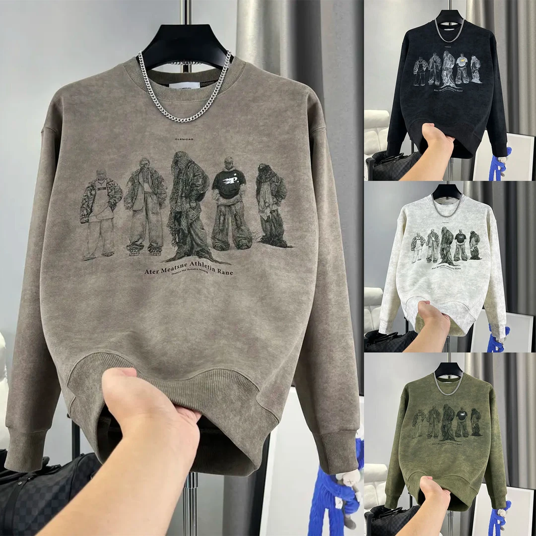 潮流男士2025美式休闲扎染加绒卫衣男秋冬季保暖重磅5D印花上衣男