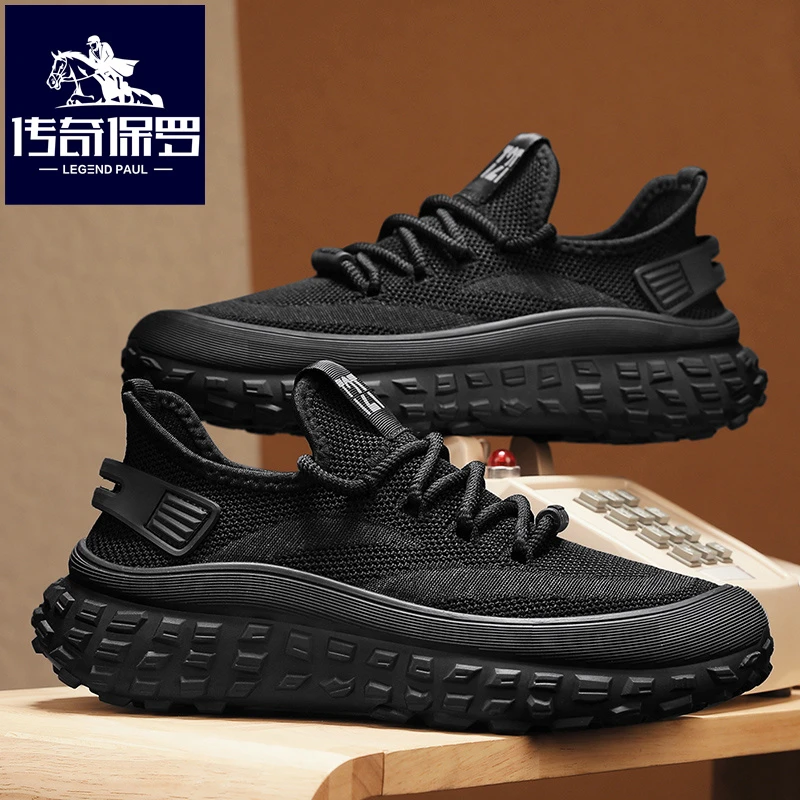 传奇保罗春季新款透气运动休闲鞋男潮流百搭软底轻便鞋子男飞织鞋