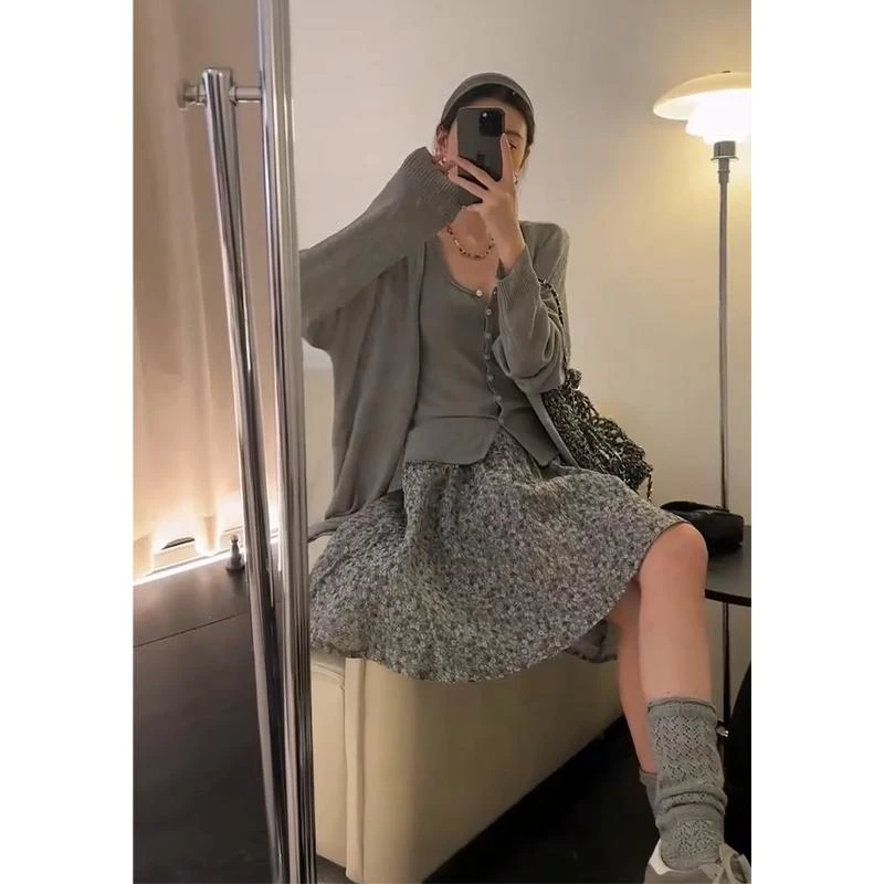 parkyeon早秋季法式气质宽松长袖针织开衫修身内搭背心碎花半身裙