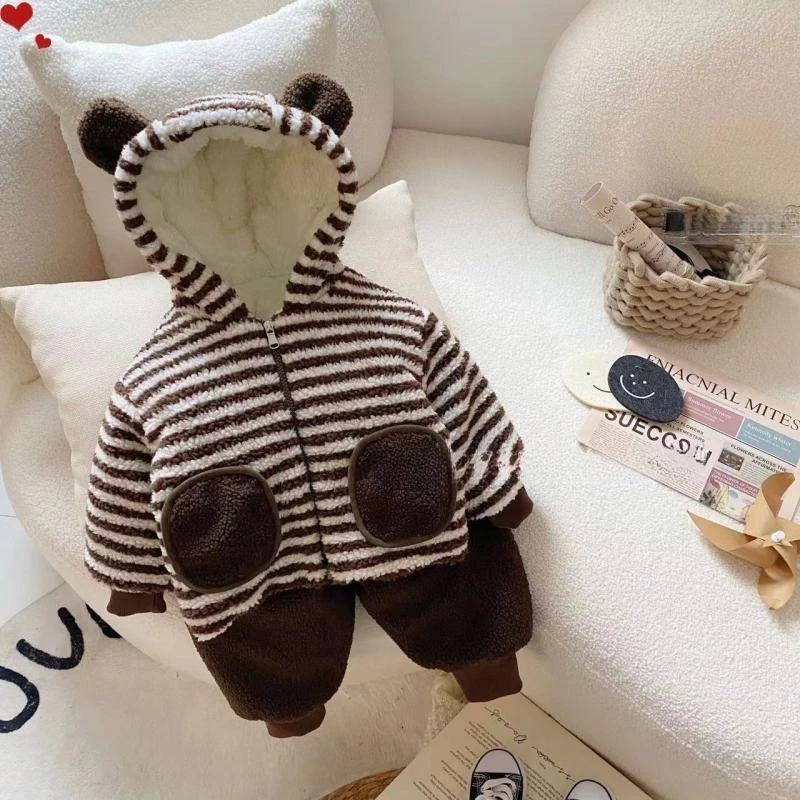 YeeHoO英氏【断码】男童冬季家居服宝宝三层小童加厚加绒睡衣套装儿