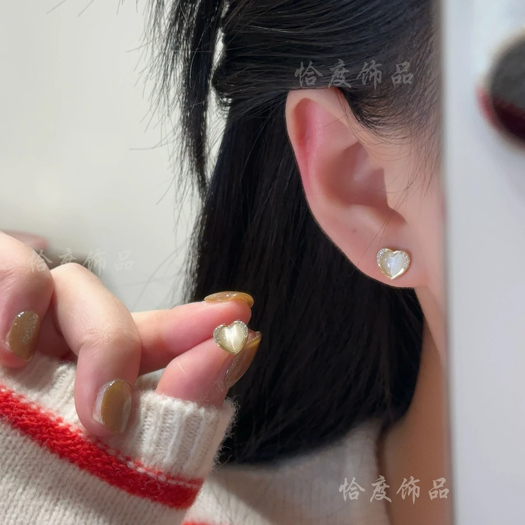 【恰度】清透猫猫石爱心耳钉温柔百搭