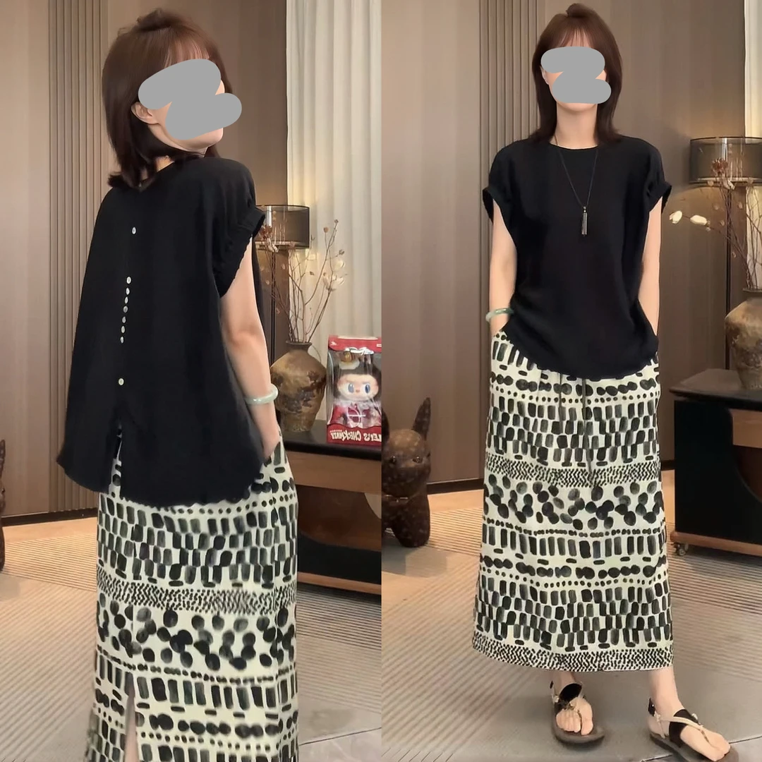 酷飒风女装高级感2025夏季知性风圆领短袖T恤上衣显瘦半身裙套装