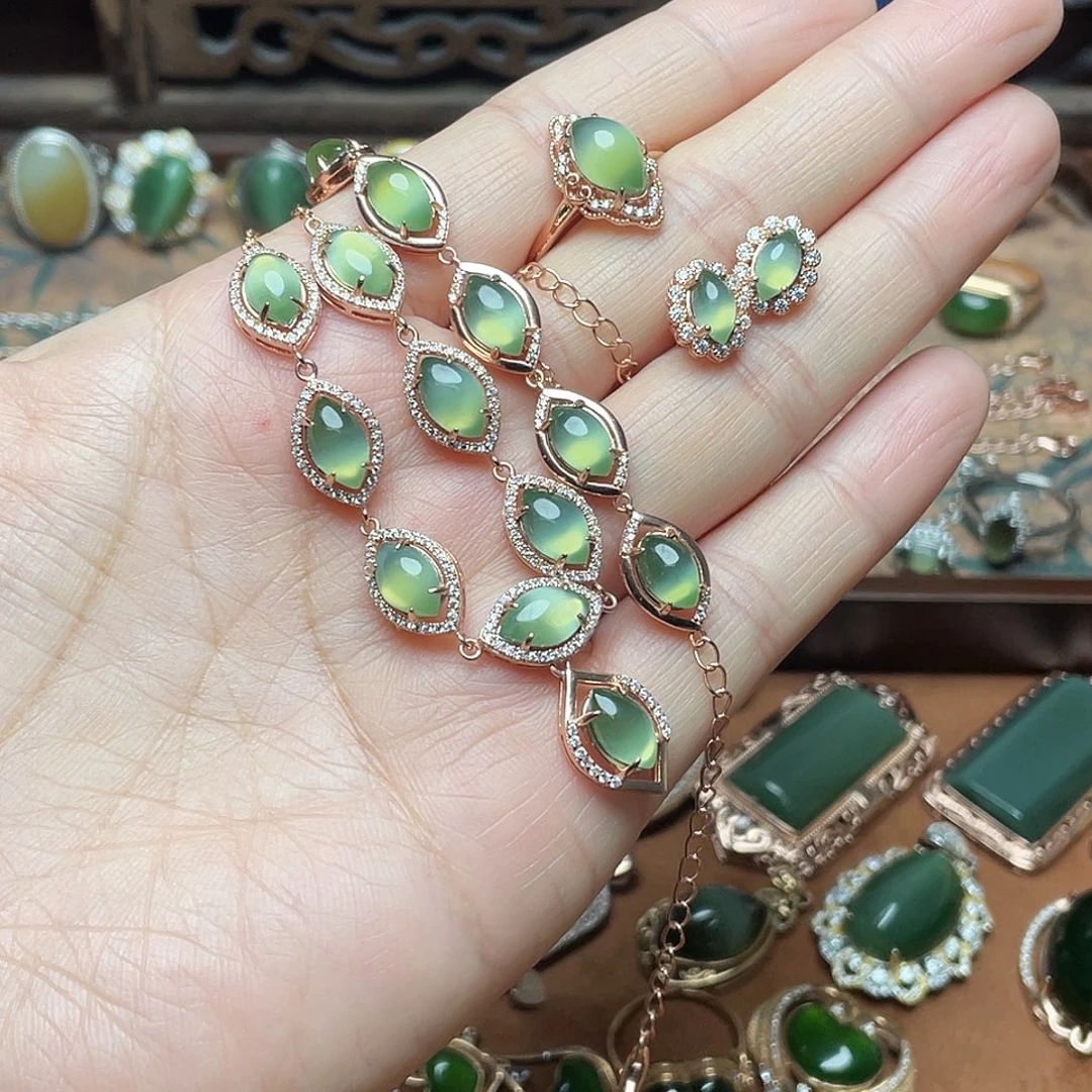 和田玉（碧玉）银S925镶嵌吊坠(不含链)套装