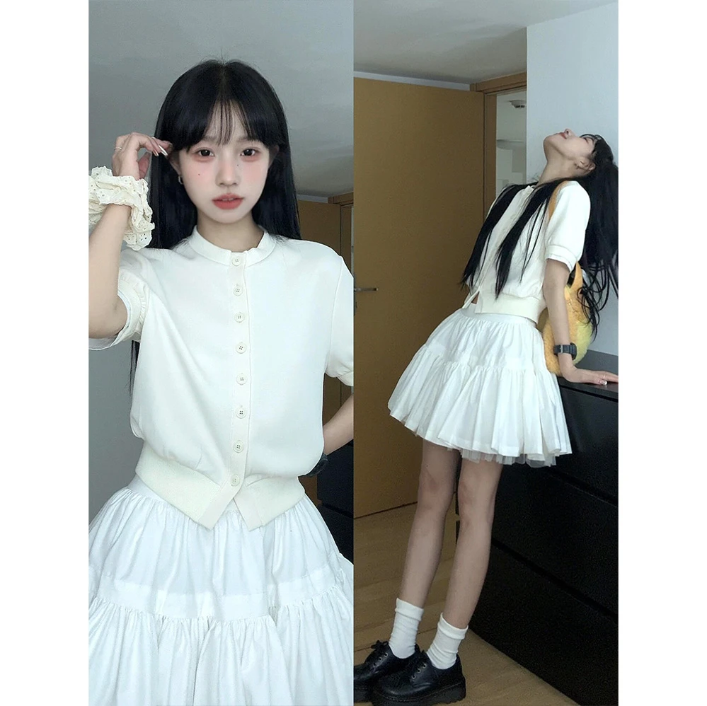 法式绝美穿搭套装2025夏季白色针织开衫短款上衣蓬蓬半身裙两件套