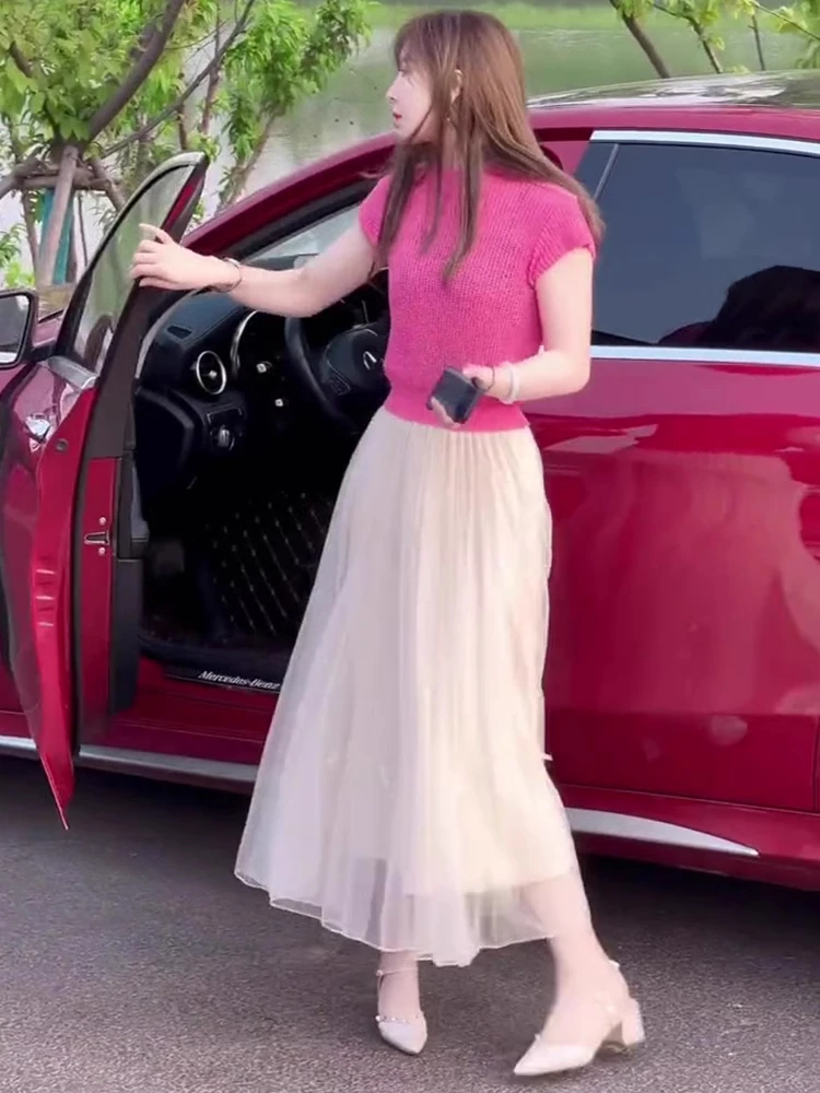 穿搭夏季夏天套装甜美减龄新款裙子半身短袖网纱裙夏装时尚两件套