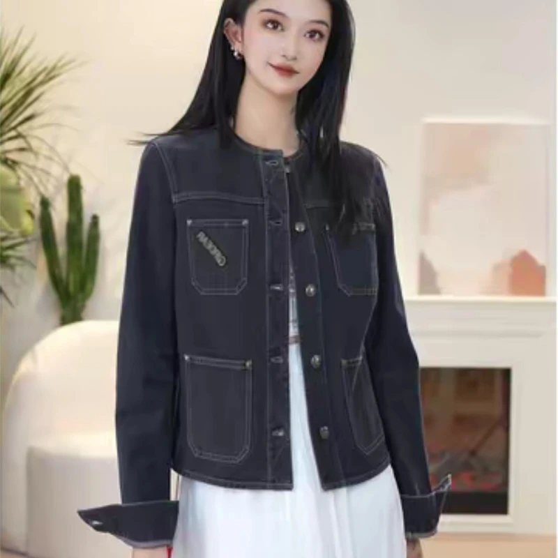 【专柜正品】秋季新款时尚复古圆领口袋长袖牛仔外套女140008