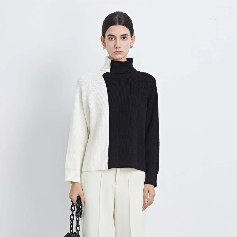 圣迪奥女装气质百搭休闲罗纹高领撞色宽松针织衫S233Z3520