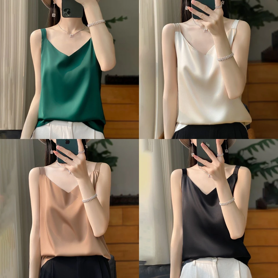 吊带背心四季内搭打底女2025宽松缎面V领上衣