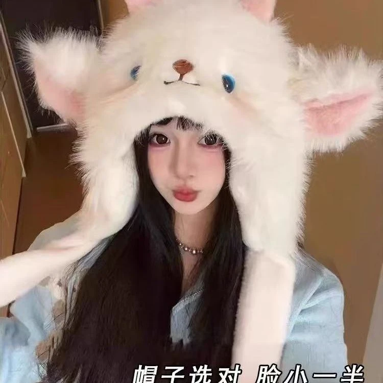 2025秋冬季网红卡通小羊加绒加厚毛线帽子女保暖捏捏耳朵会动Q