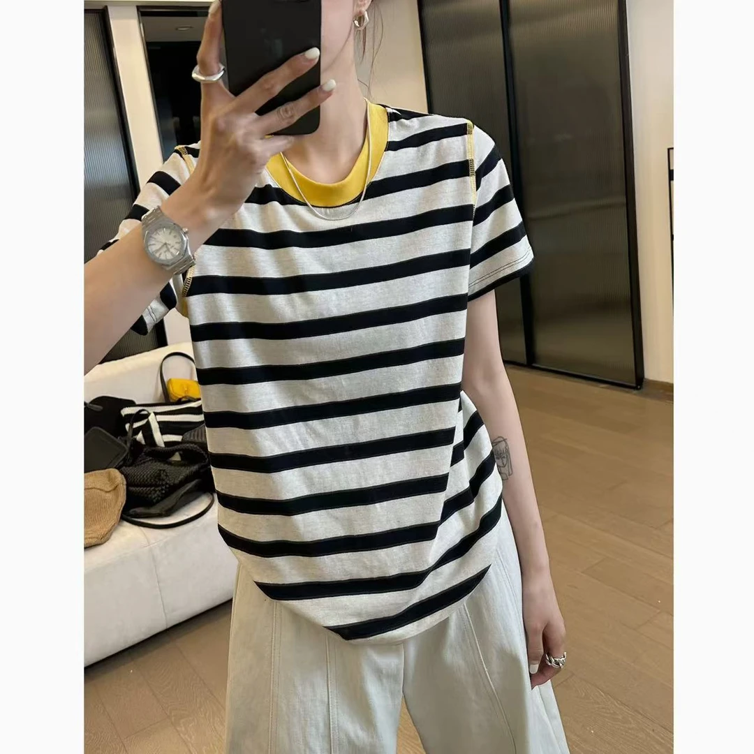 小静静一会【黄领条纹T恤】2025春夏圆领撞色短袖 2503C1531