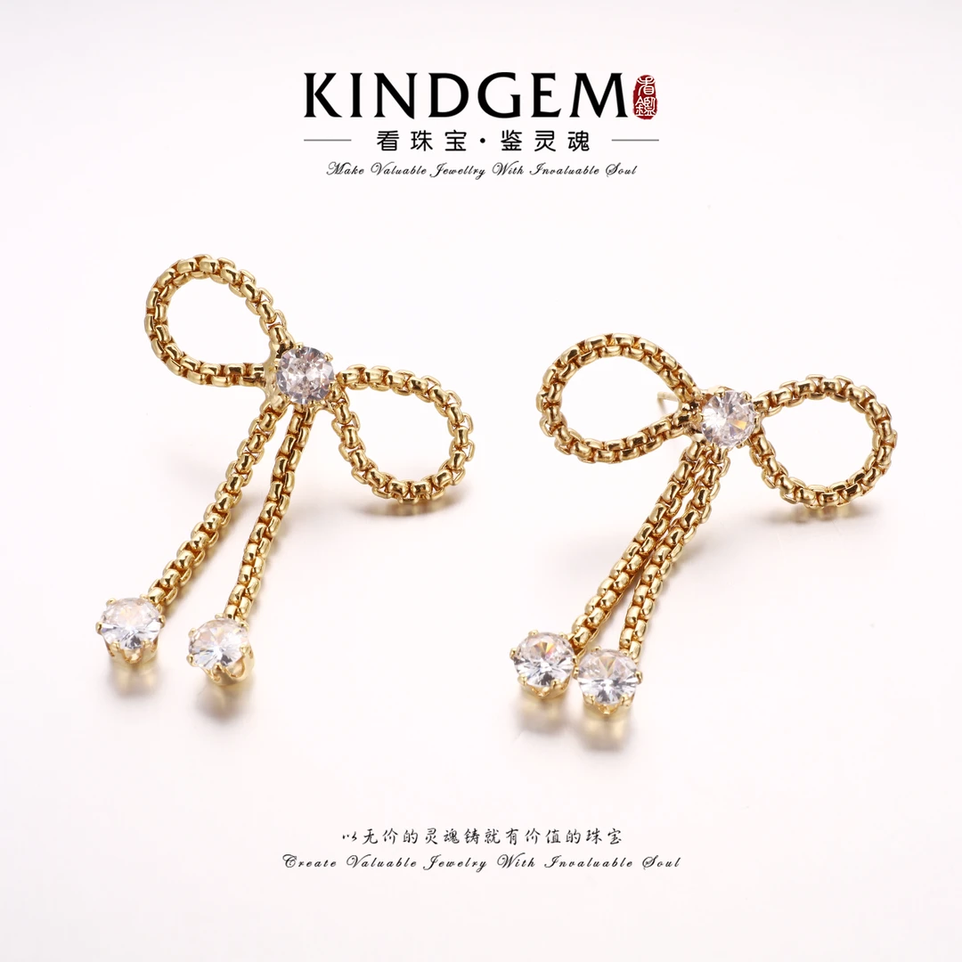 铜合金锆石耳饰 【Lisa Nik】美·金色蝴蝶结镶嵌款耳环 C-30468