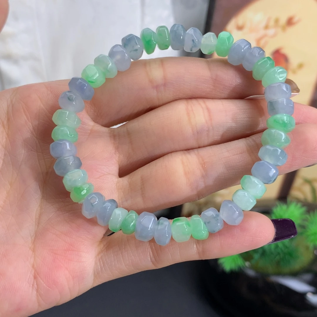 翡翠未镶嵌手串冰胶蓝绿飘花随形手串