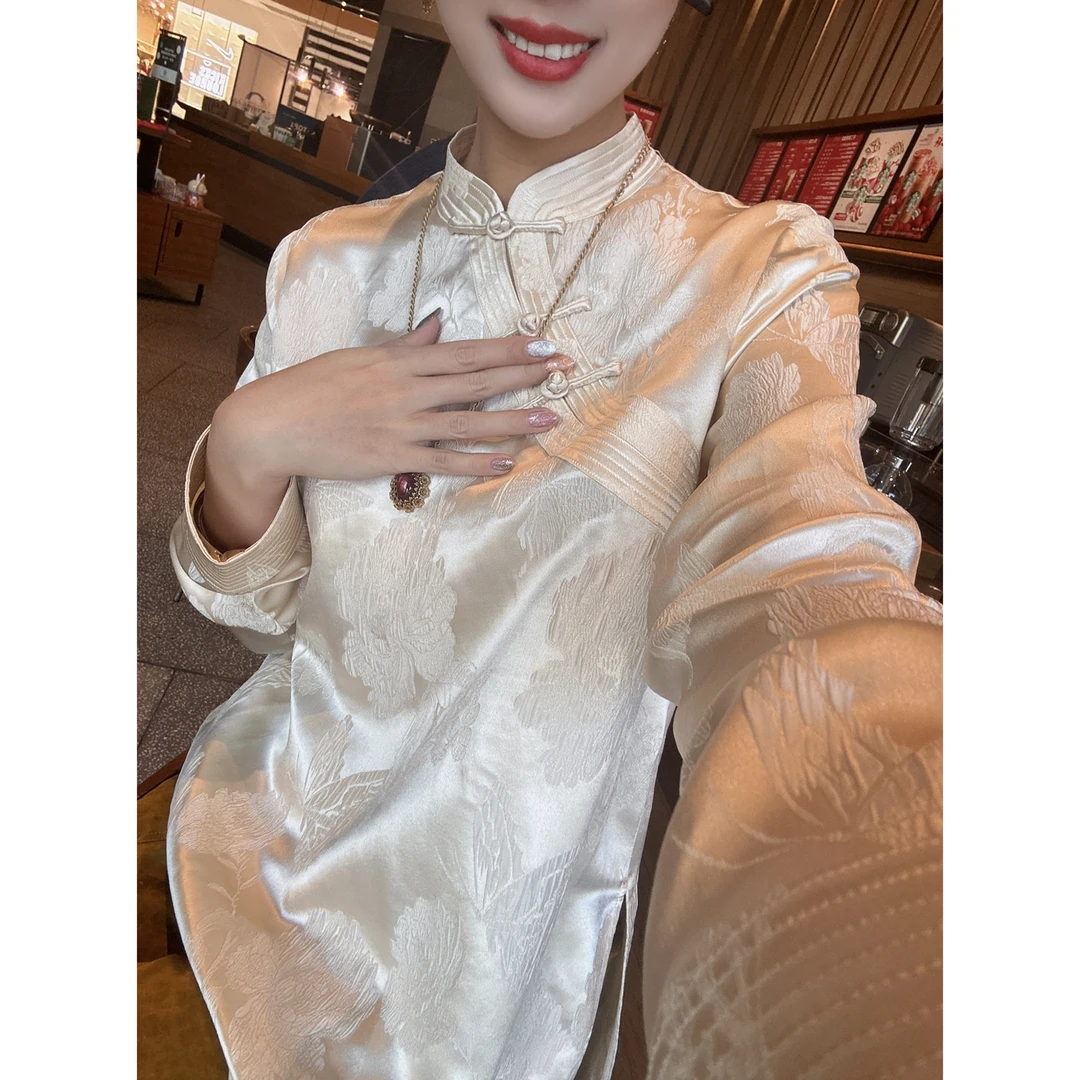 【老罗家】原创真丝衬衫女桑蚕丝提花冠乐绉新中式宽松气质立领上衣