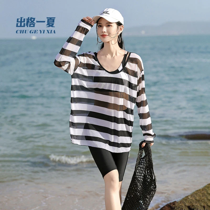 泳衣女分体三件套大码微胖mm遮肉游泳衣新款海边度假遮肚温泉泳衣