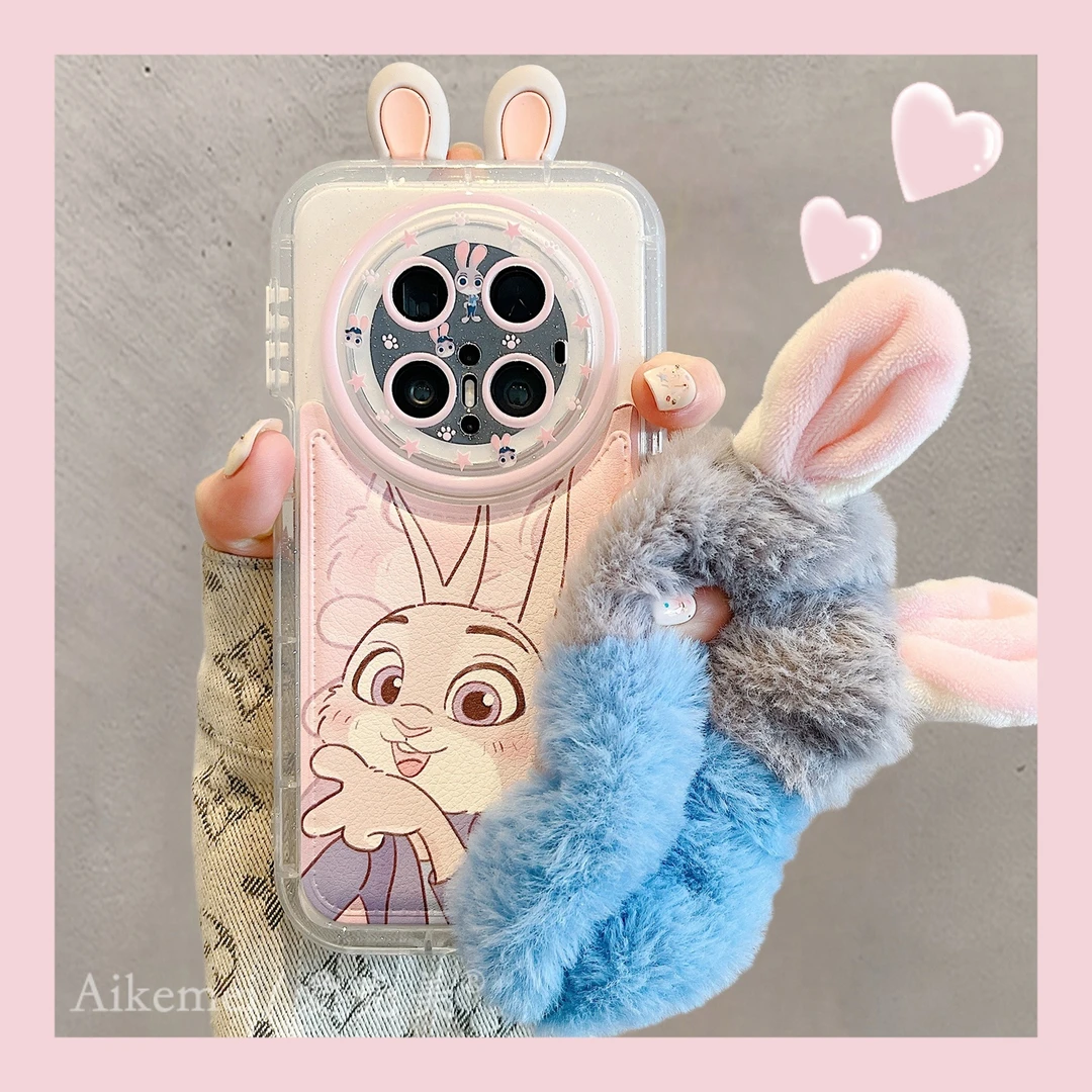 适用华为mate80promax手机壳蓝粉皮质mate70pro+狐狸兔子立体耳朵