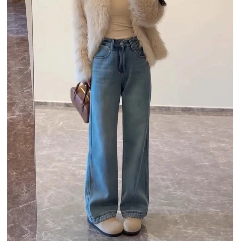 浅蓝色复古窄版阔腿牛仔裤女2025秋冬加绒新款高腰显瘦直筒拖地裤