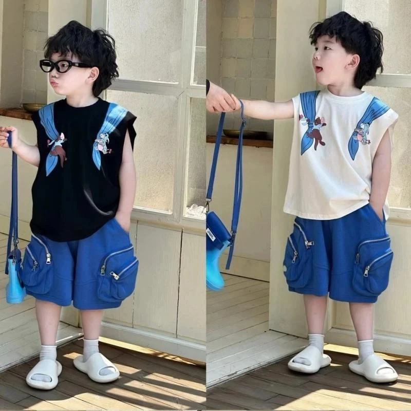 儿童纯棉无袖2025新款时尚韩版洋气卡通印花纯色男童潮酷百搭背心