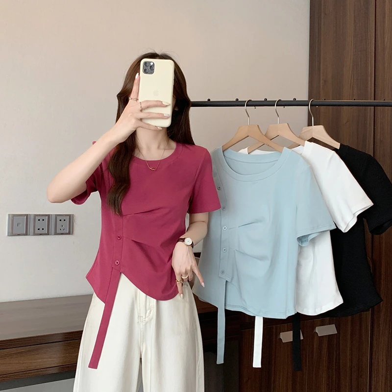 【涵胖胖】胖mm大码女设计感不规则遮肉显瘦短袖T恤A1559【B】