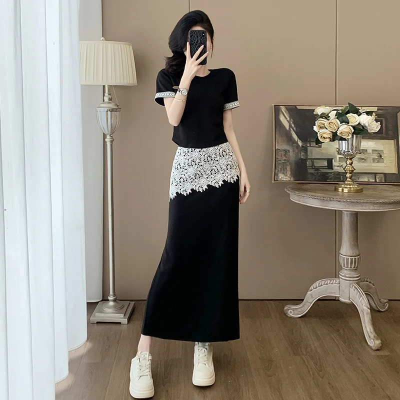 气质高端休闲时尚套裙女夏修身显瘦黑色短袖T恤蕾丝半身裙两件套