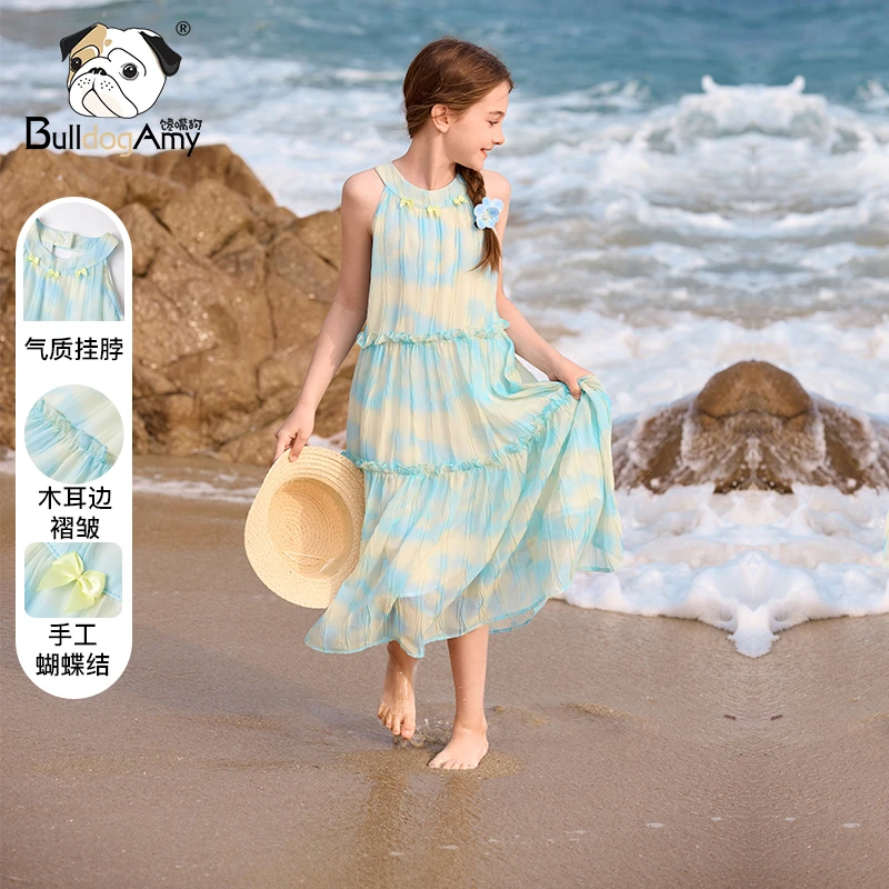 女童无袖连衣裙2025夏季新款洋气儿童度假风长裙大童蝴蝶结雪纺裙
