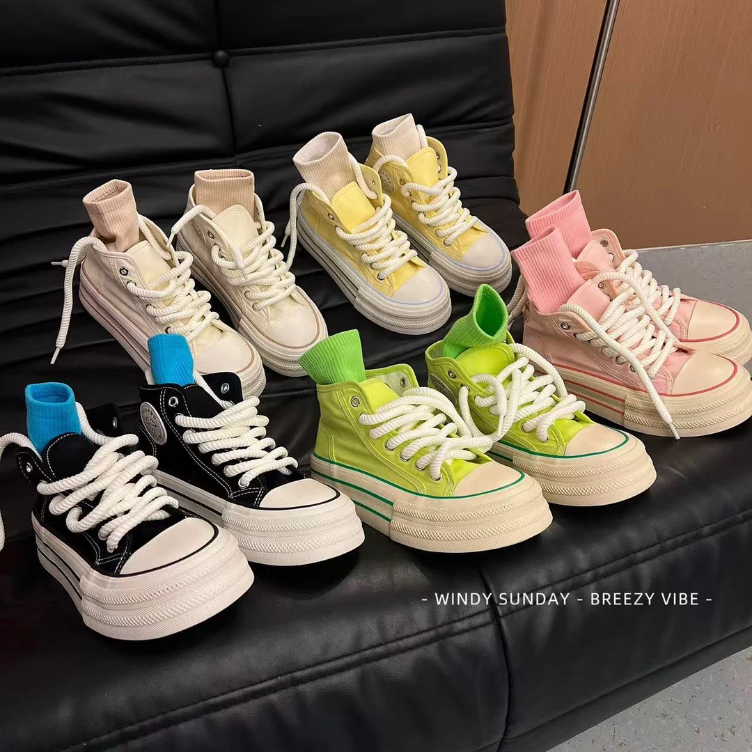 MISS家秋冬多巴胺女鞋厚底休闲小白鞋小众百搭chic鞋子高帮帆布鞋