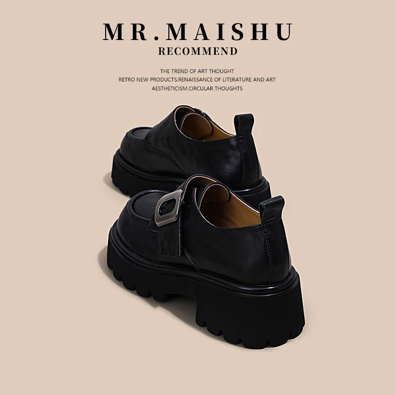 MR.MAISHU~头层牛皮黑色JK制服通勤单鞋小皮鞋女款厚底增高乐福鞋