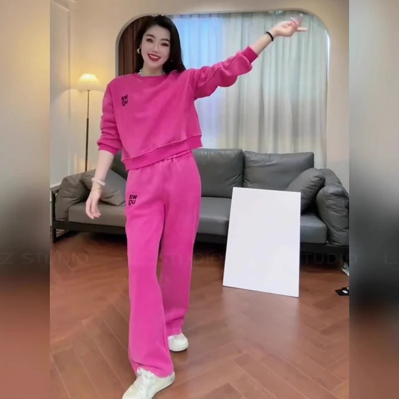 秋冬新款运动服套装简约洋气玫红色宽松时尚卫衣直筒裤两件套女