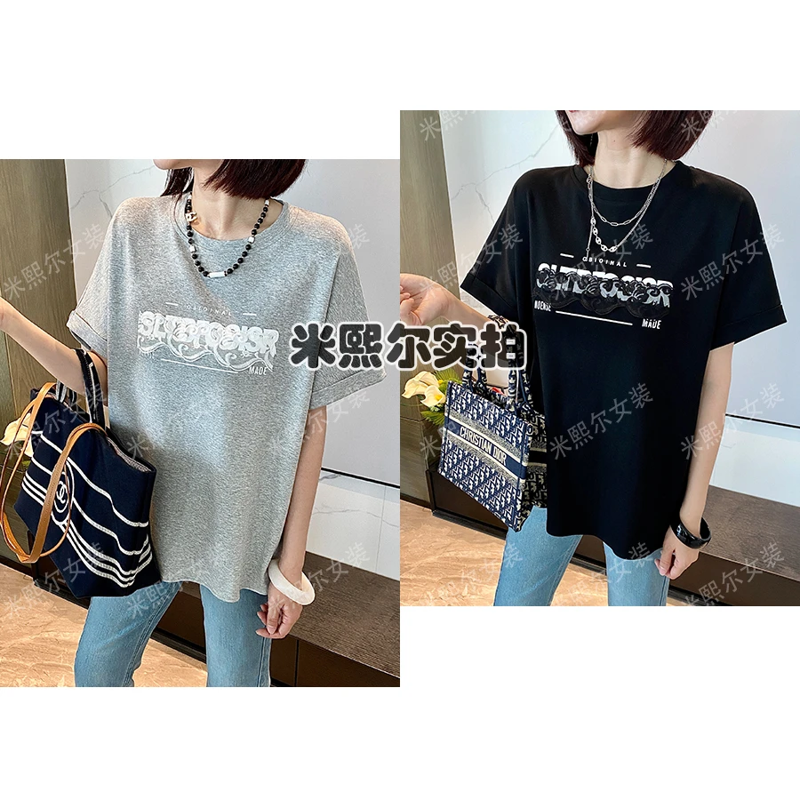 夏上新 设计师时尚印花T恤 蕾丝拼接宽松短袖圆领上衣 2025年女装