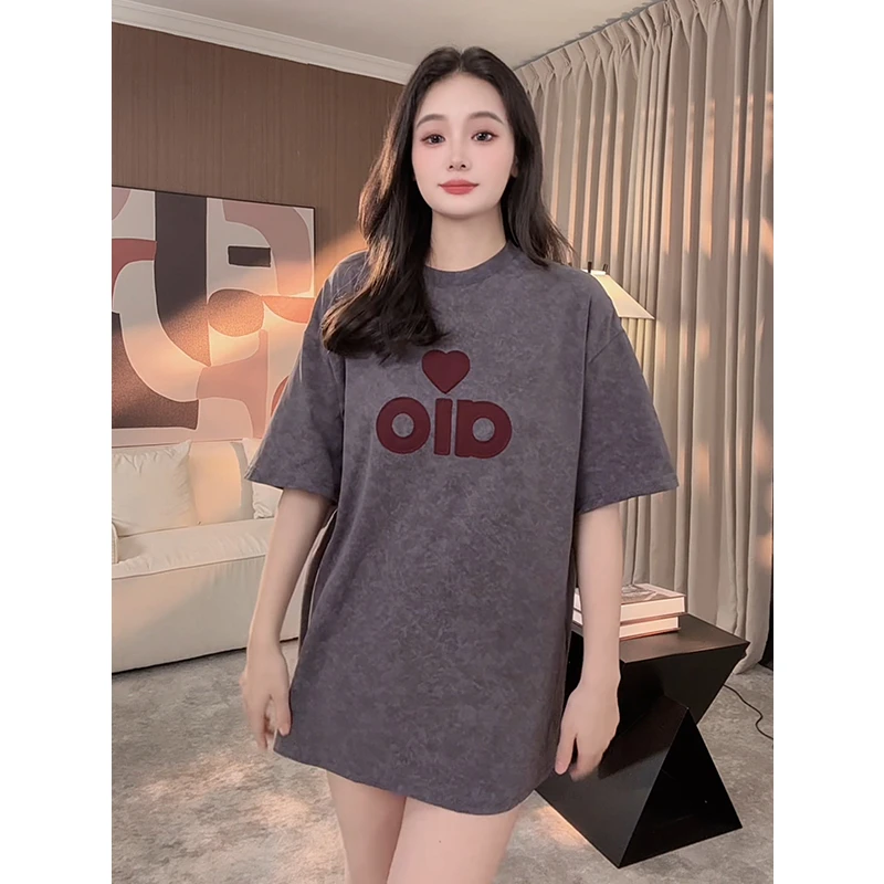 字母印花短袖T恤女2025夏季新款宽松遮屁股大版时尚休闲百搭