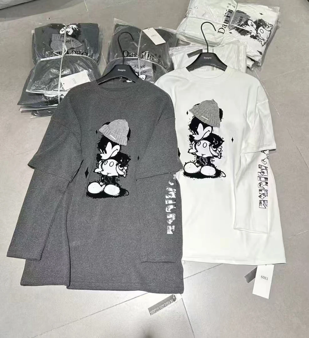 DANPIN单品新款立体毛线帽米奇宽松假两件磨毛拼接长袖T恤女25893