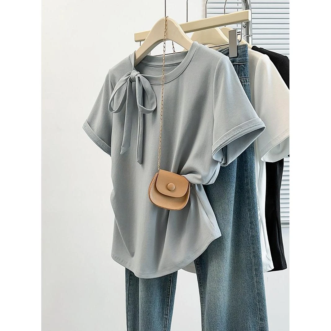 微胖妹妹大码女装系带蝴蝶结弧形收腰显瘦t恤夏季显瘦遮肚子上衣