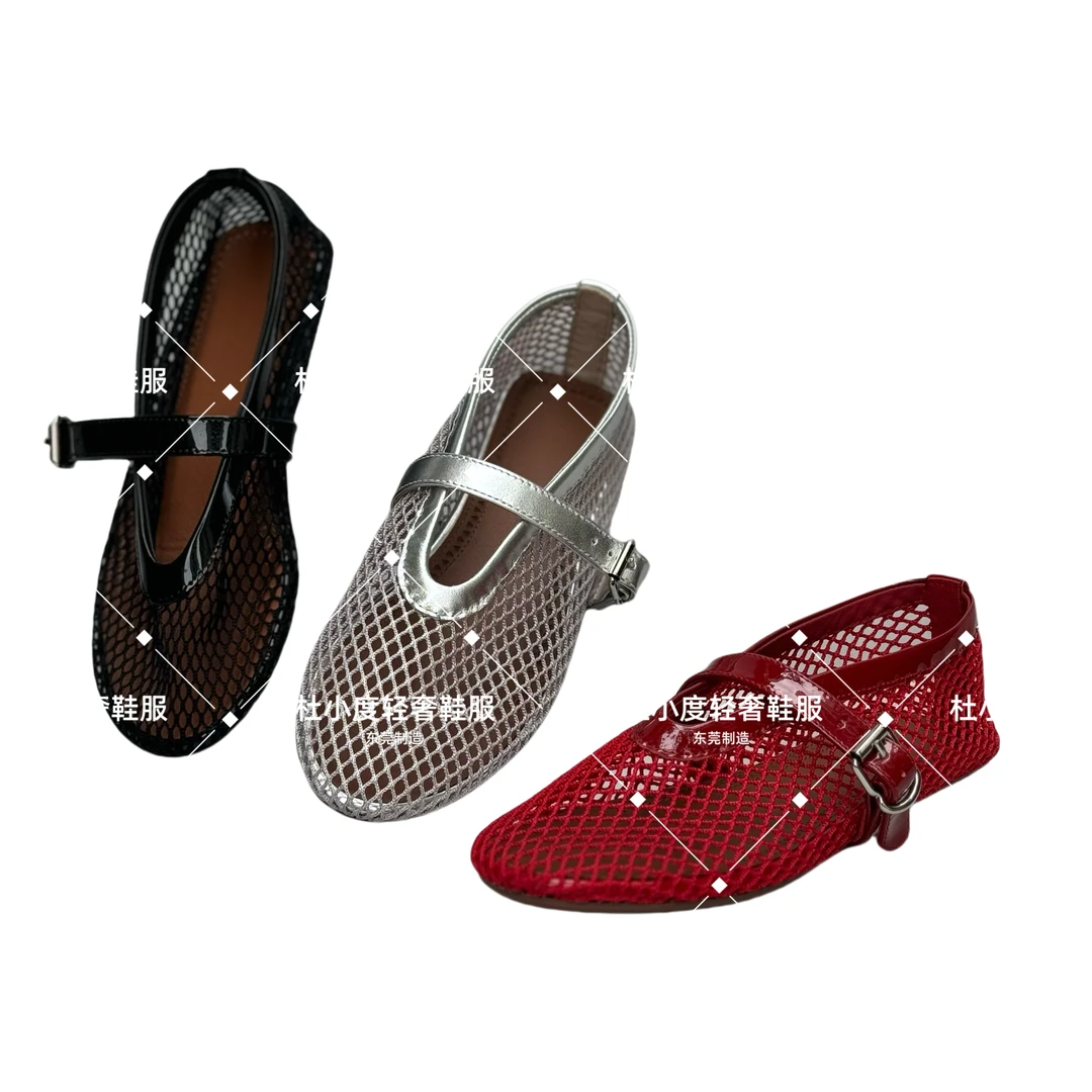一字扣带“性感镂空”轻奢系带平底渔网玛丽珍高跟粗跟时尚芭蕾舞鞋