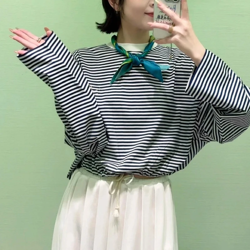 【CHANMITY】25/FW 抽绳絮章,条纹肌理揉碎光圆领T恤 025497