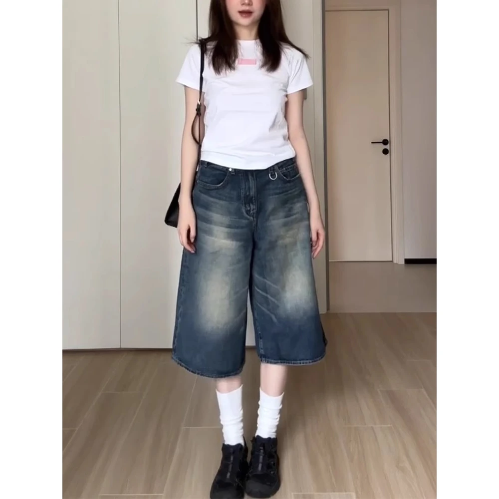 做旧七分牛仔短裤女春季新款美式街头宽松阔腿显瘦百搭直筒中裤子