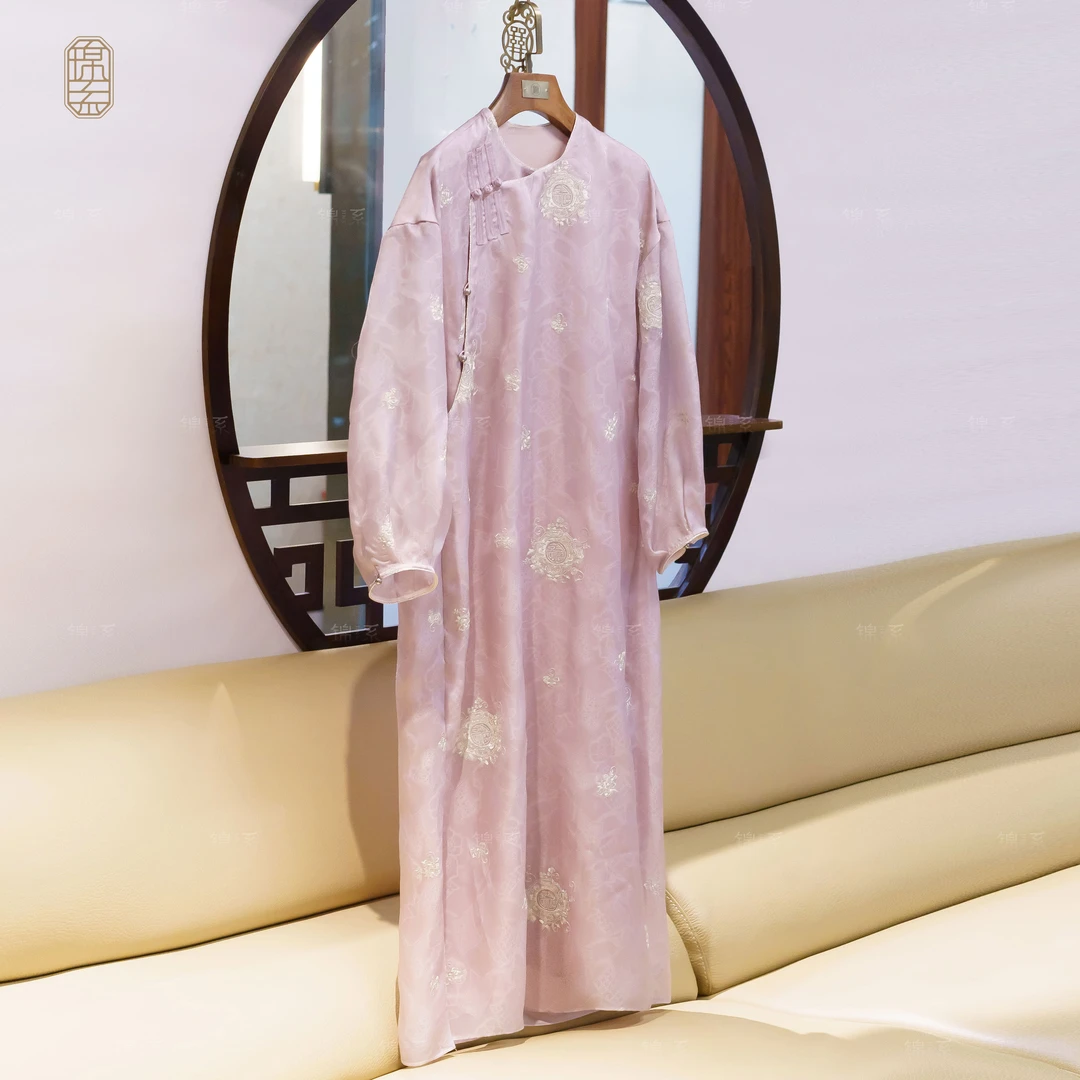 【锦系】真丝欧根纱提花新中式国风桑蚕丝绣花长袖连衣裙L-382408