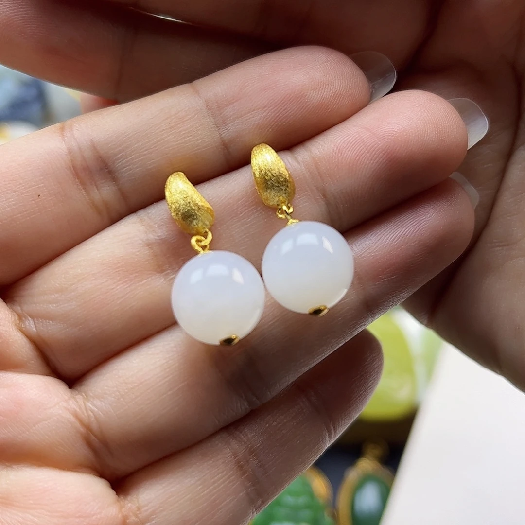 和田玉银S925镶嵌耳饰卡12