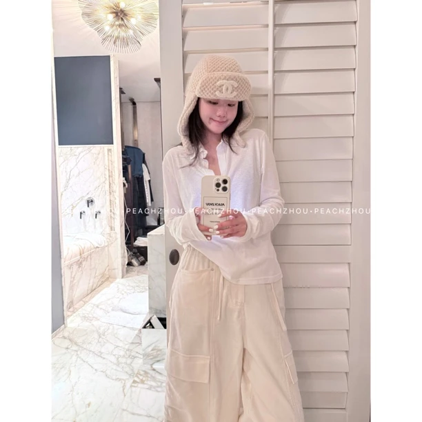 『PEACHZHOU』云朵纱平纹棉基础纯色宽松休闲半开领打底长袖T恤女