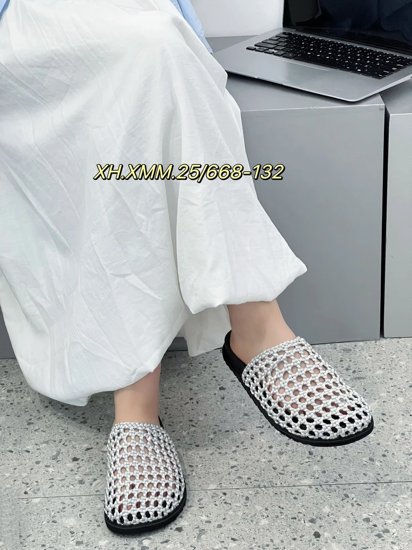 668-132凉拖镂空渔网包头半拖鞋女夏外穿厚底编织拖鞋度假网格