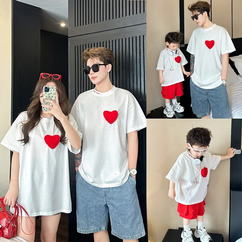 亲子装2025夏装新款一家三口爱心短袖T恤儿童婴童爬服连体衣8805