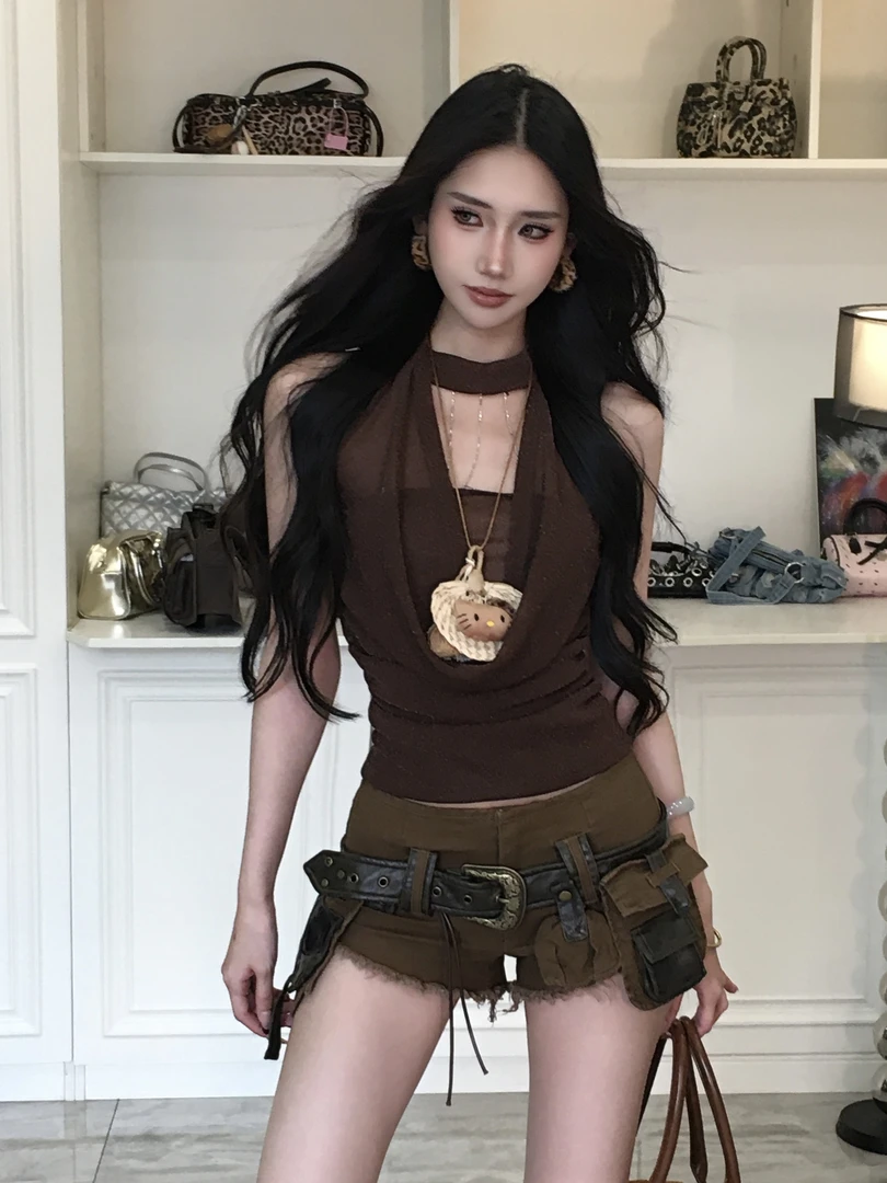 6NE 美式辣妹荡领挂脖吊带背心女显瘦收腰短款上衣设计感百搭小众