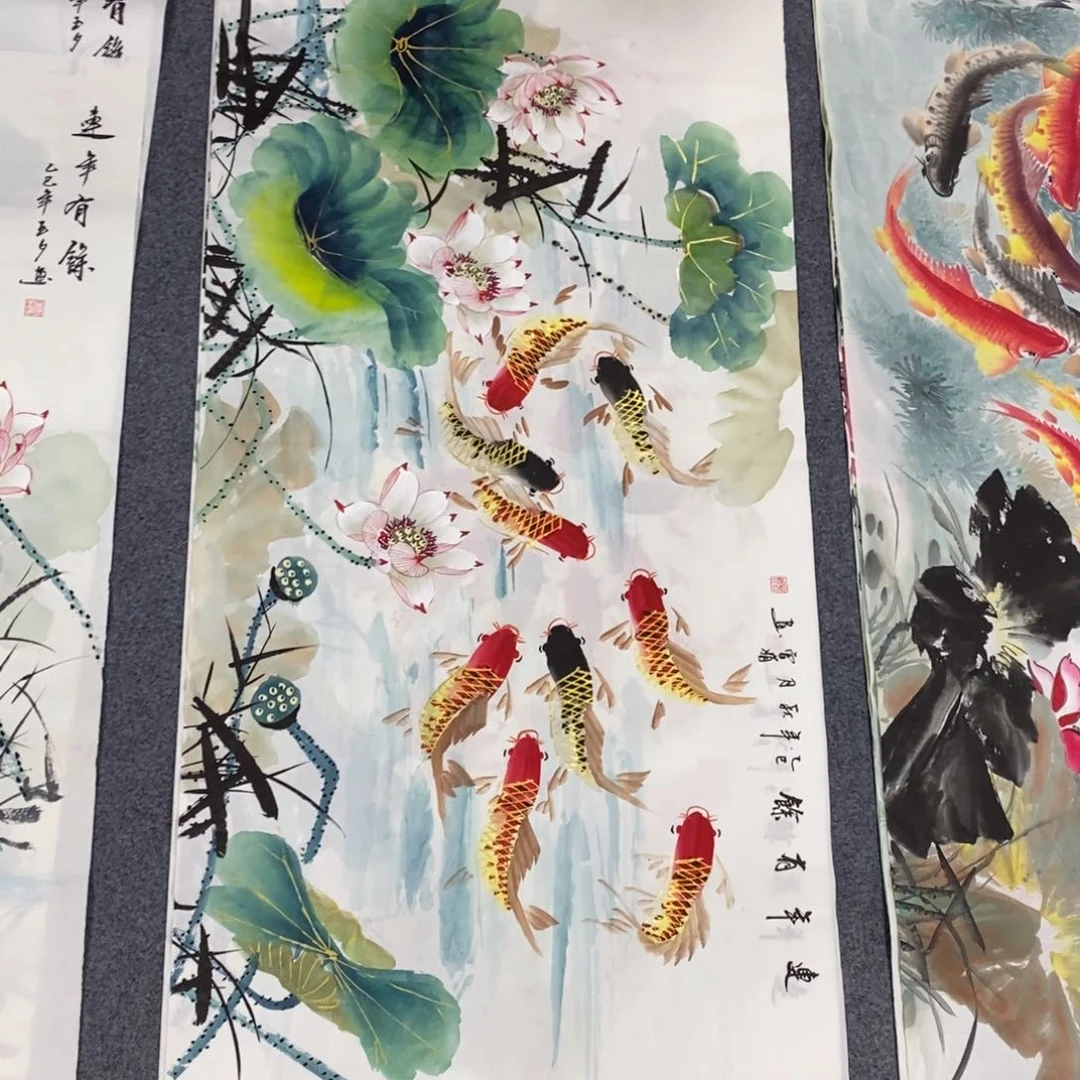 国画尺寸140✖️70四尺金线荷花鱼手绘